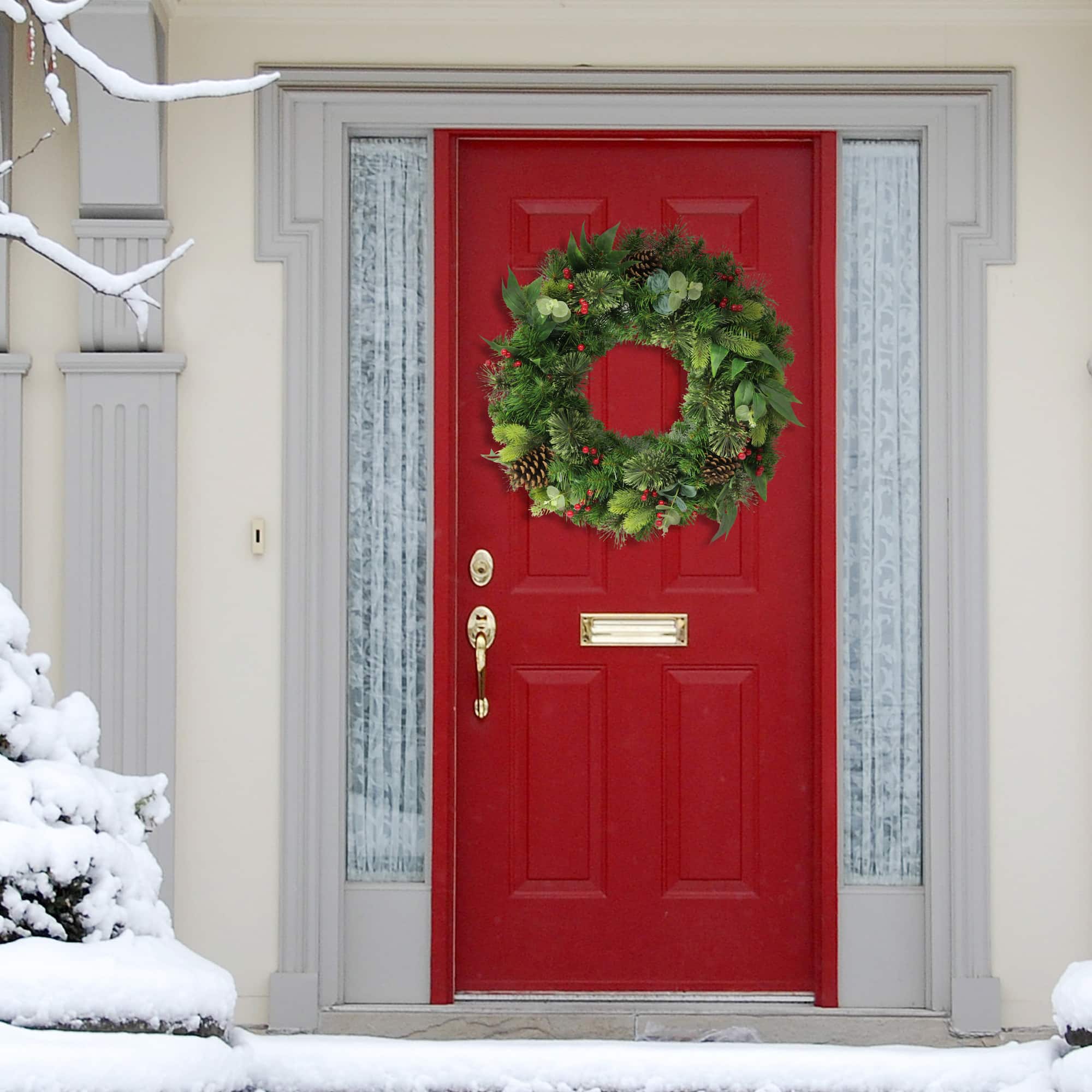 24" Pine, Cones & Red Berries Wreath